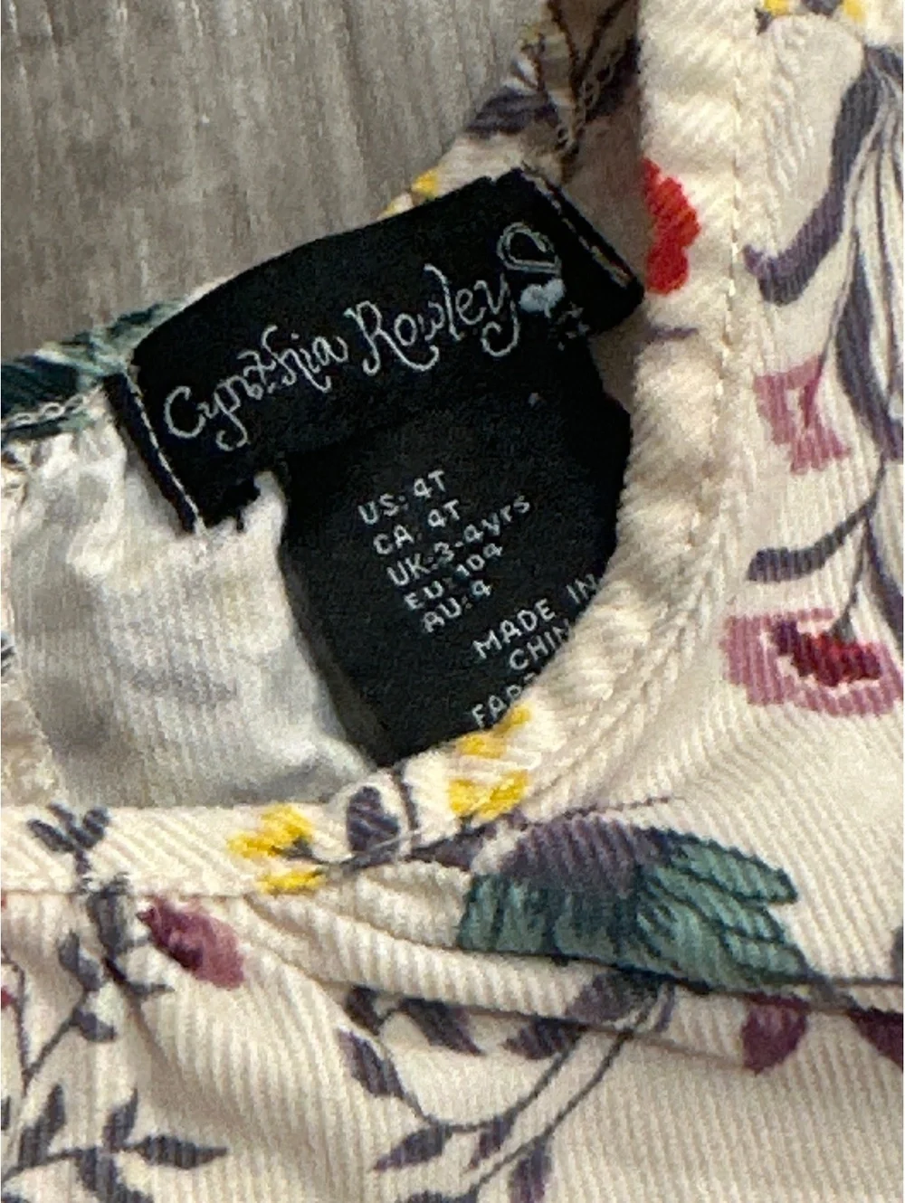 Cynthia Rowley 4t Cotton Corduroy Floral Thanksgiving/Fall Bell-Sleeve Dress